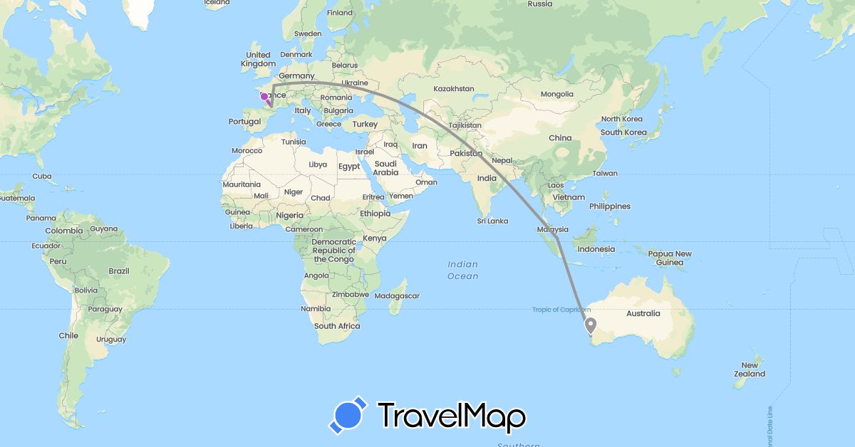 TravelMap itinerary: driving, plane, train in Australia, France, Singapore (Asia, Europe, Oceania)